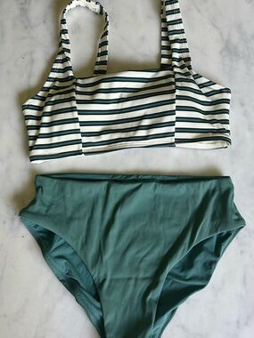 Simons Green & White Striped Two-Piece Bikini